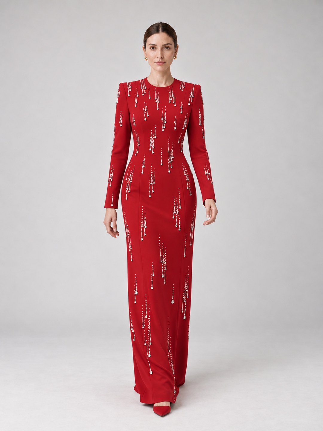 Red Crystal Embellished Maxi Dress - 1