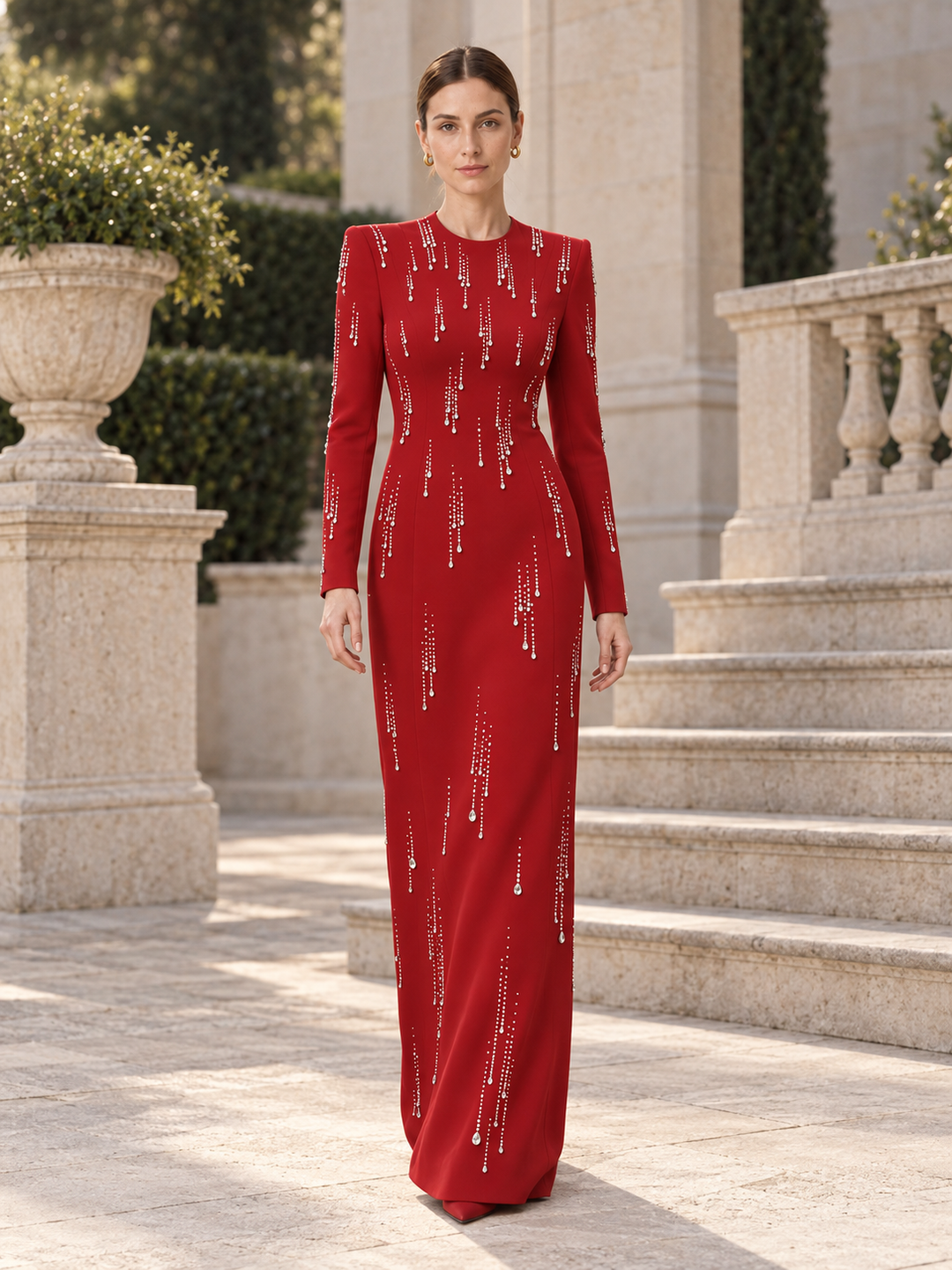 Red Crystal Embellished Maxi Dress - 4