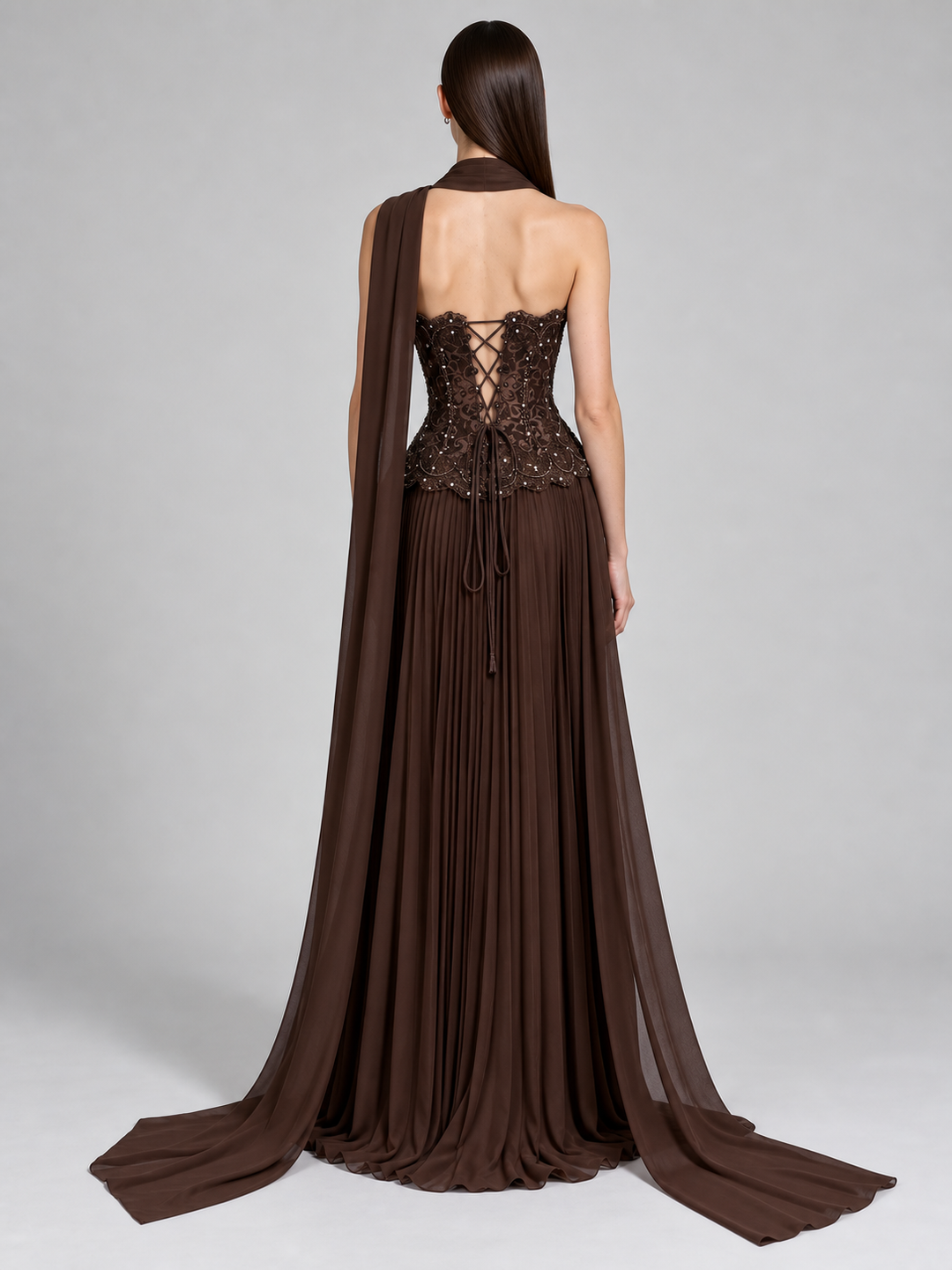 Chocolate Brown Corset Cape Gown - 3