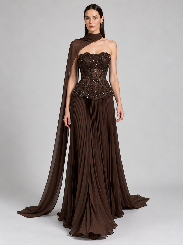 Chocolate Brown Corset Cape Gown - 1