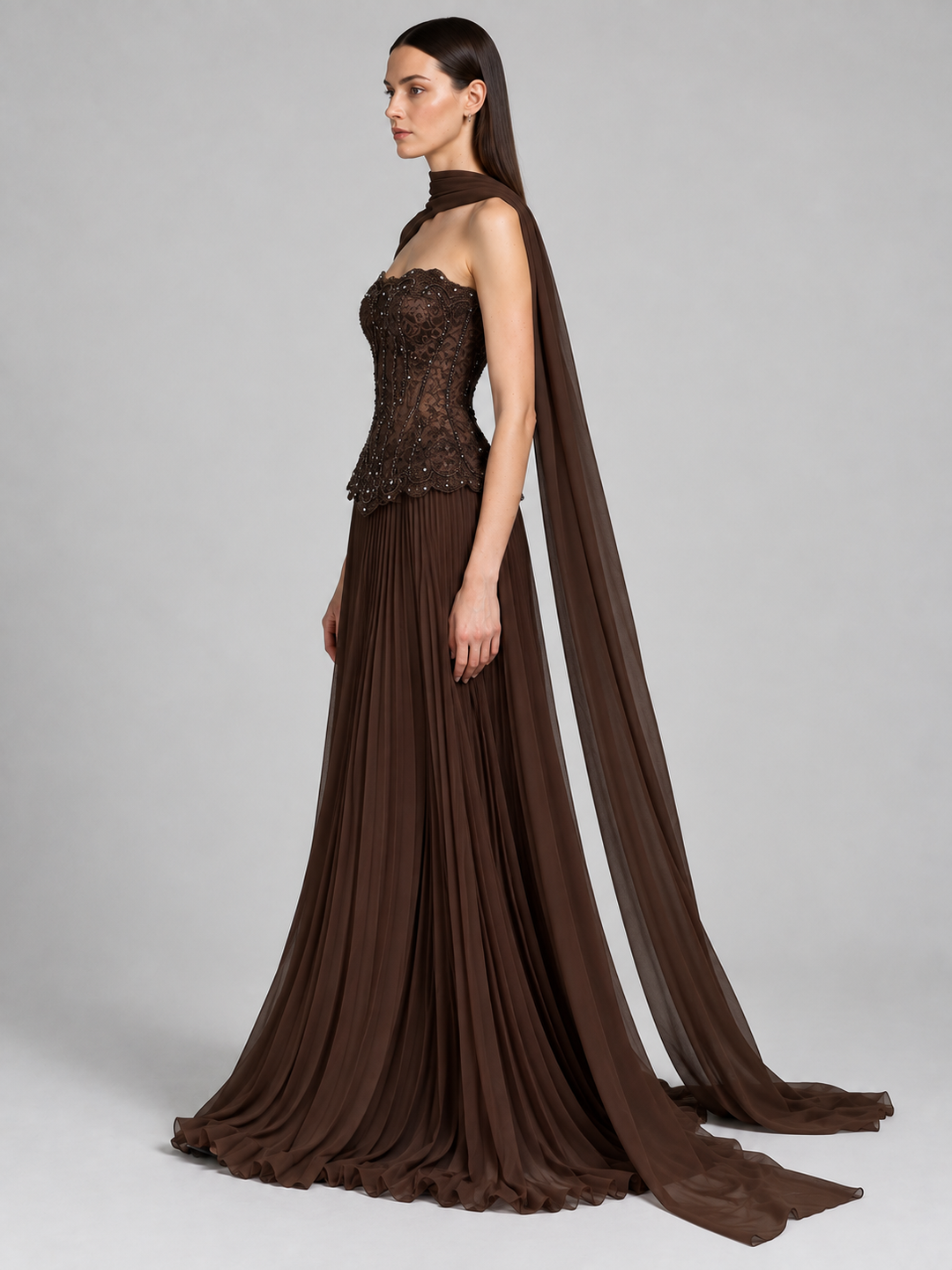 Chocolate Brown Corset Cape Gown - 2