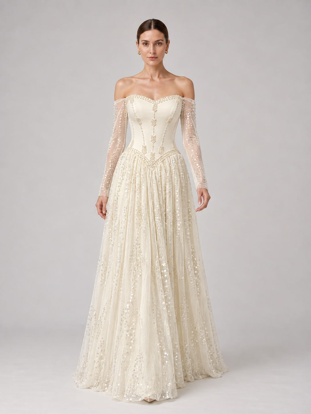 Ivory Basque-Waist Lace Gown - 1