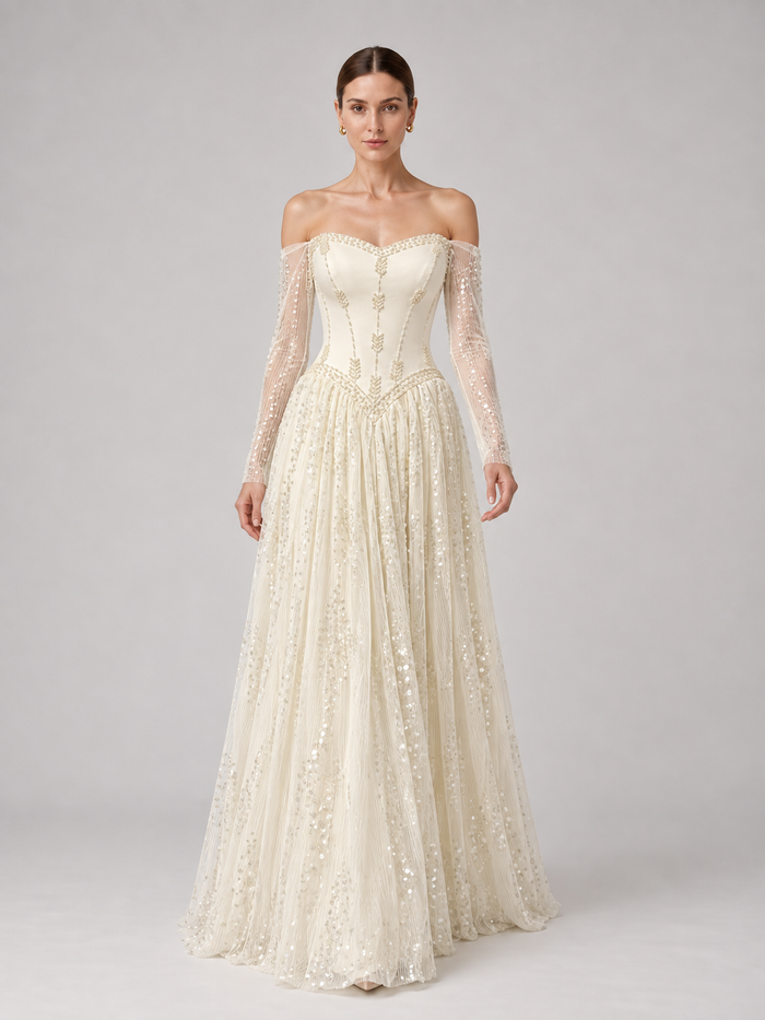 Ivory Basque-Waist Lace Gown