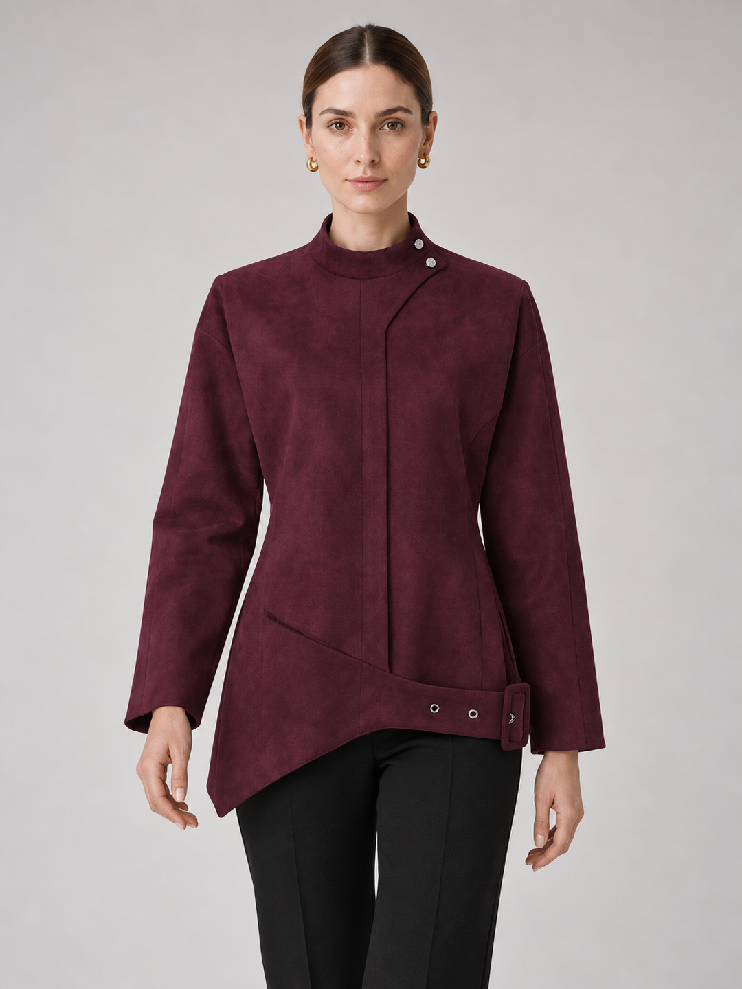 Burgundy Asymmetric Suede Jacket - 1