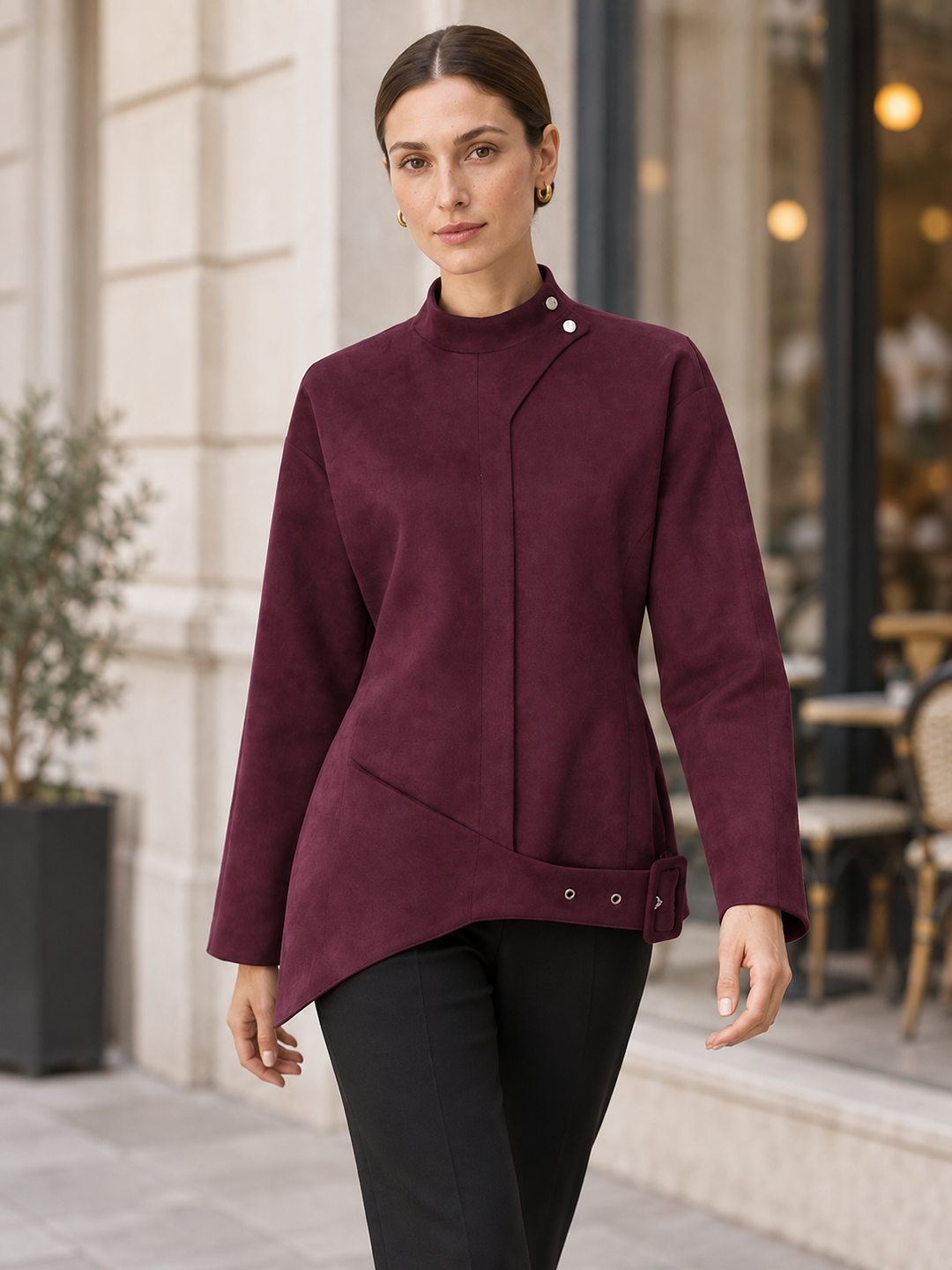 Burgundy Asymmetric Suede Jacket - 4