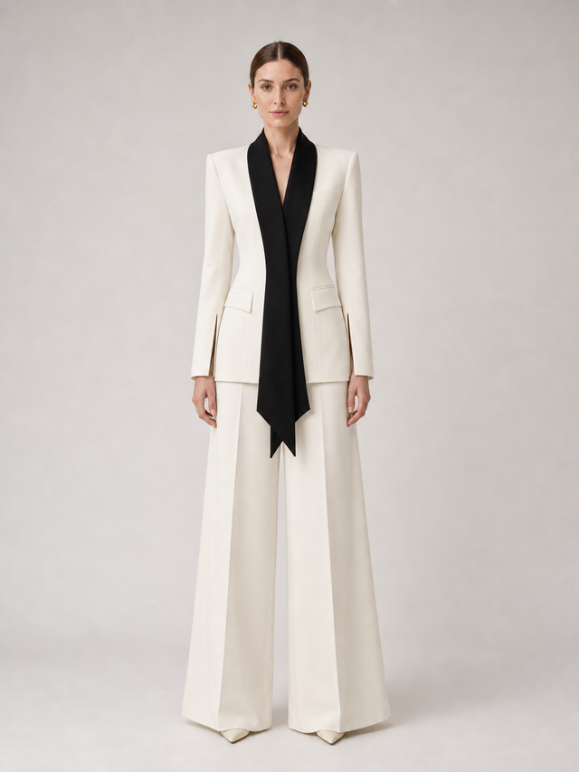 Sabine Contrast-Lapel Ivory Wide-Leg Suit Set