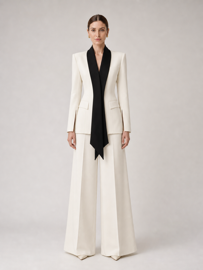 Sabine Contrast-Lapel Ivory Wide-Leg Suit Set