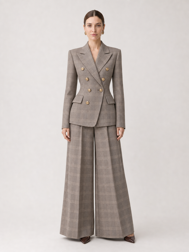 Vivienne Gray-Plaid Wide-Leg Suit Set